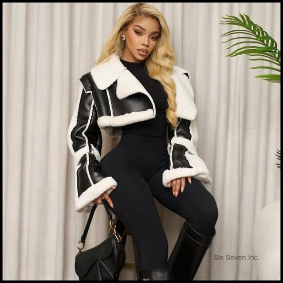 PU Leather Crop Jacket with Fleece Lining, Vintage Patchwork Style - Picture 2 of 7